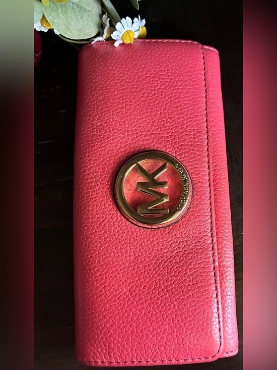Michael Kors Handbags - Michael Kors Coral Pink Pebbled Leather Wallet with Gold Logo